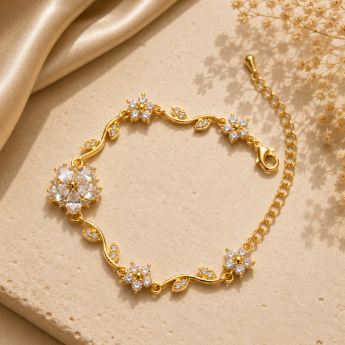 Floral Crystal Charm Bracelet – Gold-Tone Elegant Designer Bracelet