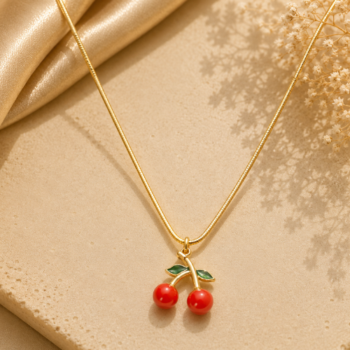 Cherry Charm Pendant Necklace – Gold-Tone Cute Minimalist Necklace