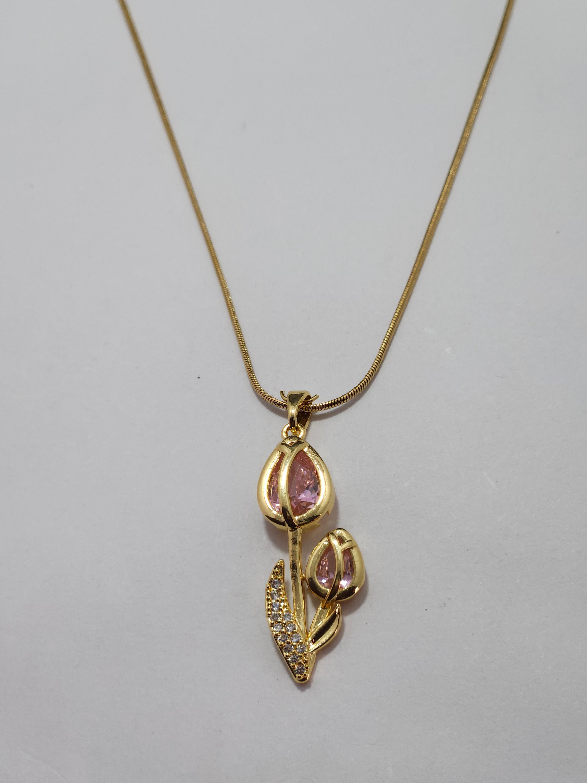 Pink Crystal Tulip Pendant Necklace – Gold-Tone Floral Designer Necklace