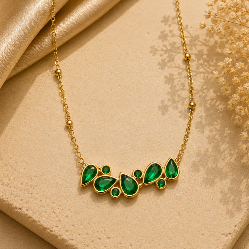 Emerald Leaf Crystal Necklace – Gold-Tone Nature Inspired Pendant Necklace