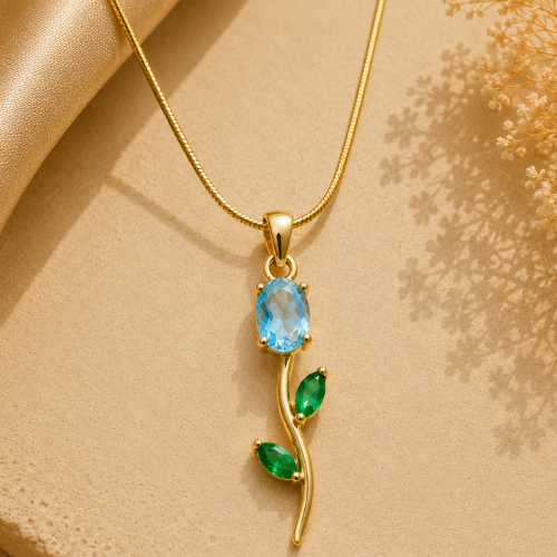 Blue Blossom Pendant Necklace – Gold-Tone Floral Crystal Necklace