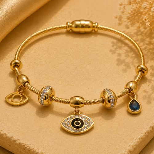 Evil Eye Charm Bracelet – Gold-Tone Adjustable Protective Bracelet