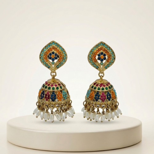 Multicolor Meenakari Jhumka Earrings with Pearl Drops