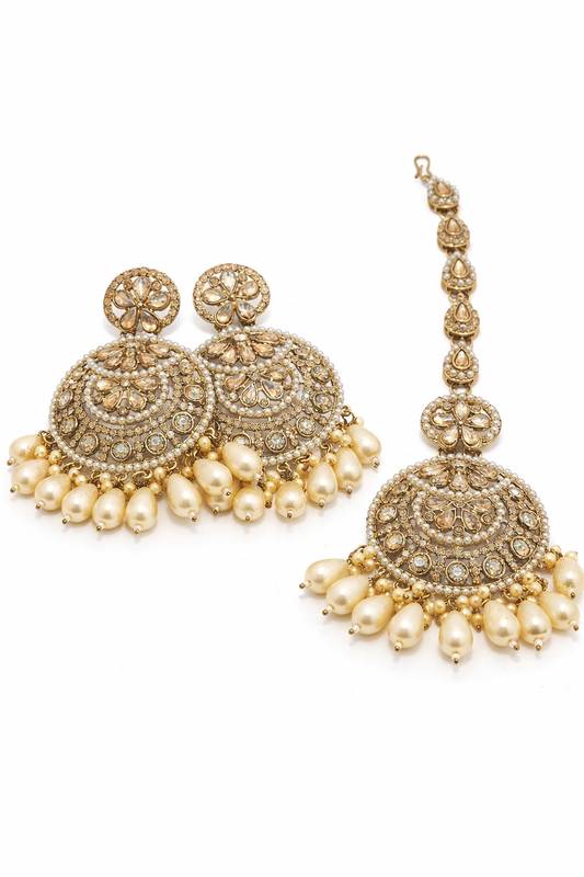 AD Stone Jhumka Earrings Set with Pearl Drops and Maang Tikka