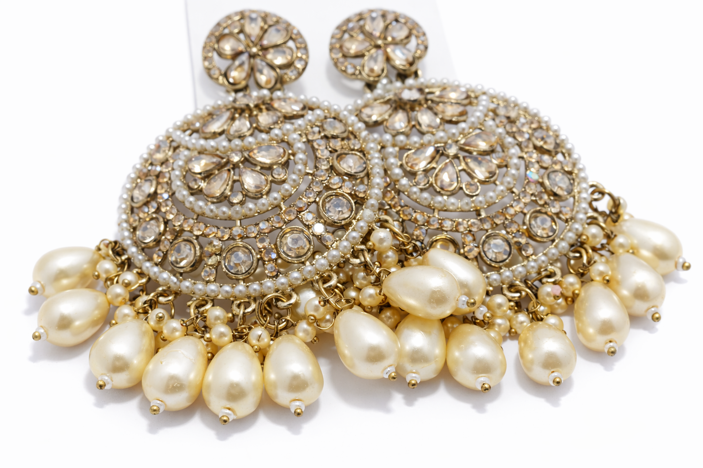 AD Stone Jhumka Earrings Set with Pearl Drops and Maang Tikka