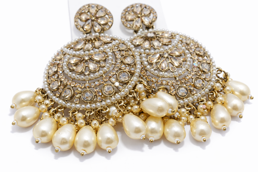 AD Stone Jhumka Earrings Set with Pearl Drops and Maang Tikka