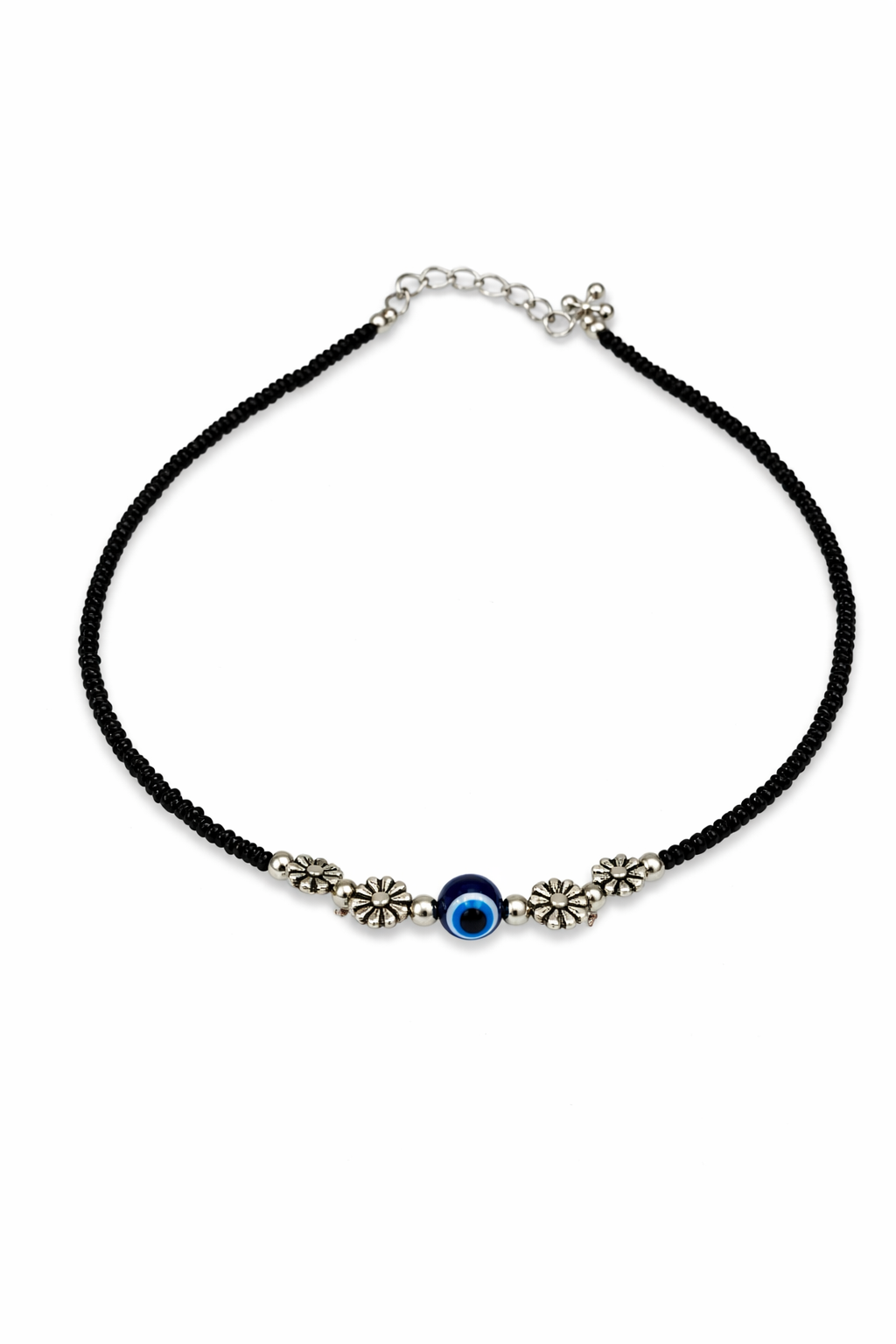 Black Beaded Anklet with Blue Evil Eye and Floral Charms