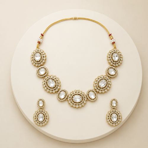 Kundan Pearl Necklace Set – Traditional Gold-Tone Statement Jewelry Set