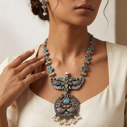 Peacock Bloom Oxidised Necklace Set