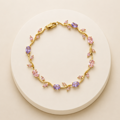 Pastel Crystal Vine Bracelet – Gold-Tone Floral Charm Bracelet