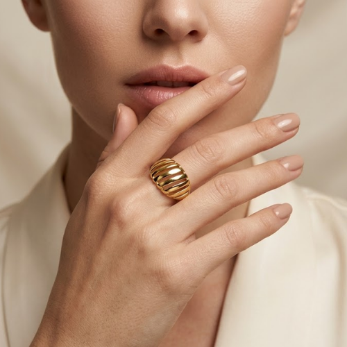 Anti-Tarnish Gold Finish Modern Ribbed Ring