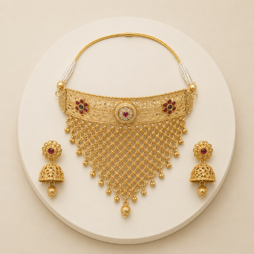 Royal Temple Choker Necklace Set – Gold-Tone Bridal Statement Jewelry Set