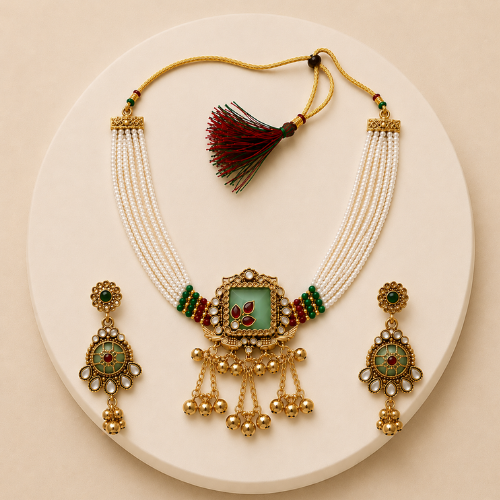 Royal Pearl Choker Necklace Set with Statement Earrings