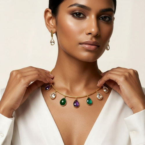 Emerald Drop Brass Necklace Set