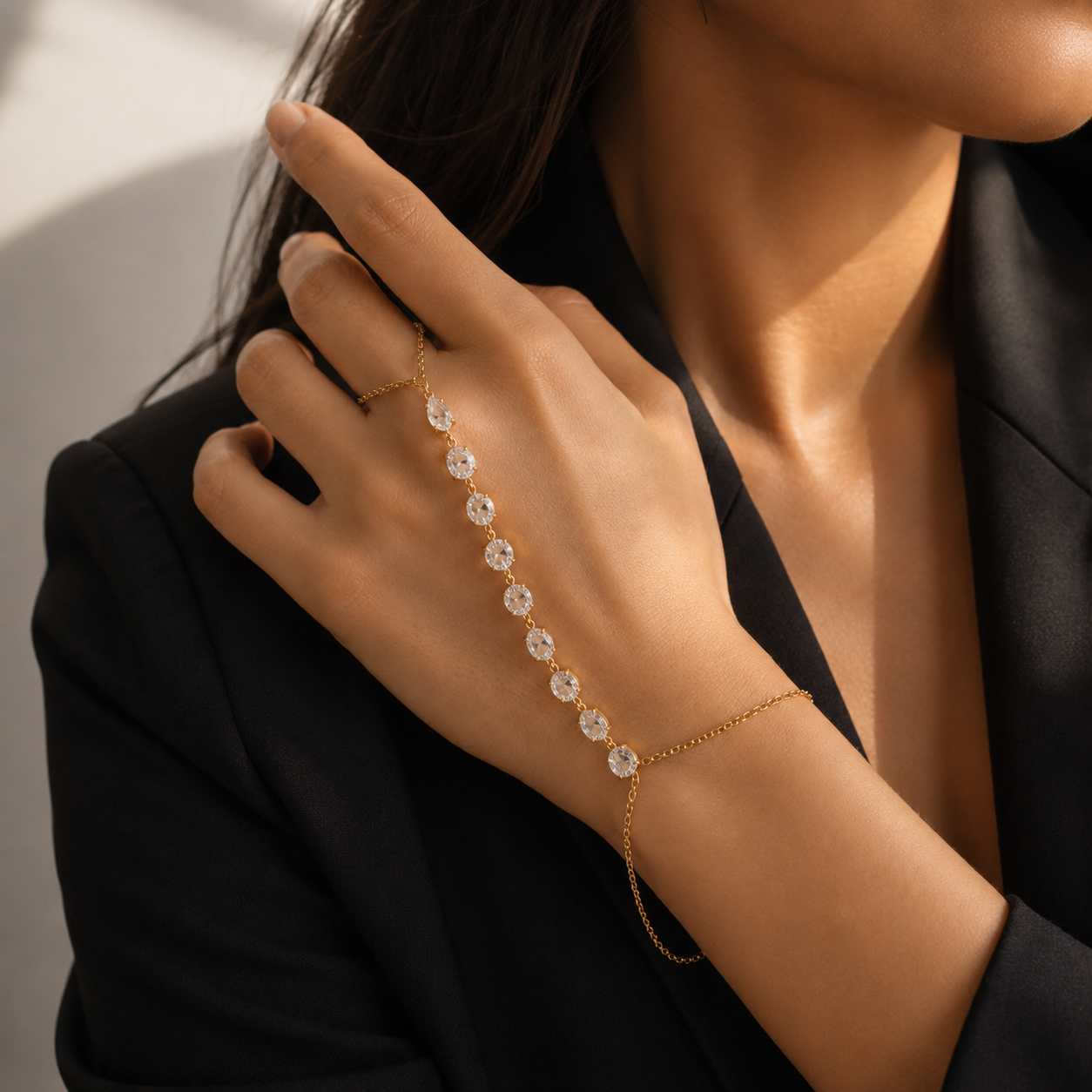 Crystal Drop Hand Harness Bracelet (Gold-Tone Haathphool)