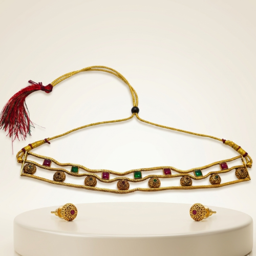 Traditional Gold-Tone Choker Necklace with Ruby & Emerald Accents