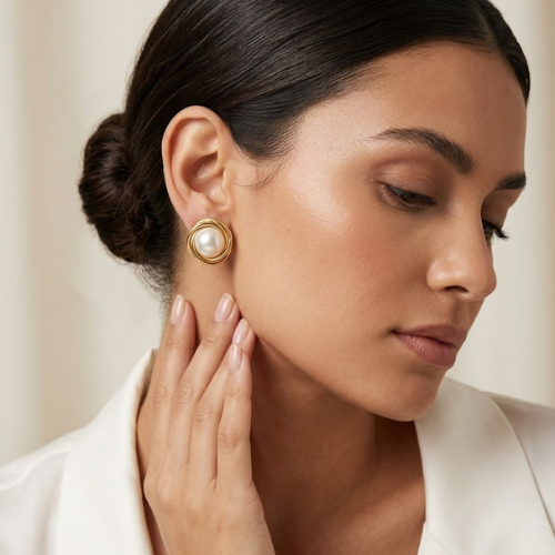 Classic Pearl Halo Anti-Tarnish Gold Stud Earrings