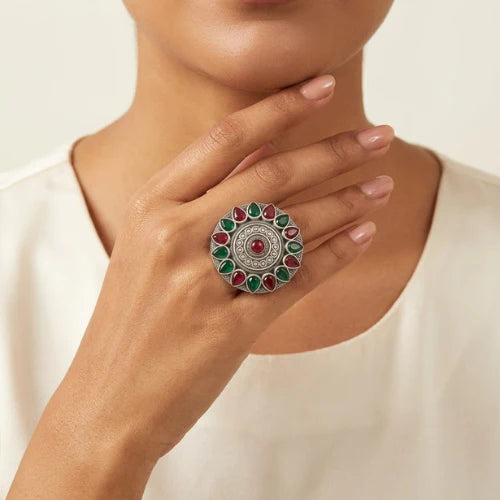 Oxidised Statement Floral Ring with Multicolor Stones