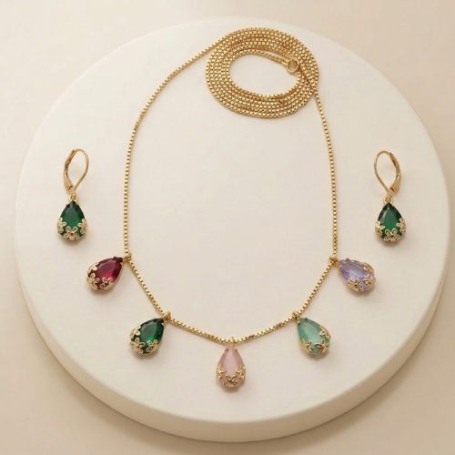 Multicolor Teardrop Pendant Necklace Set