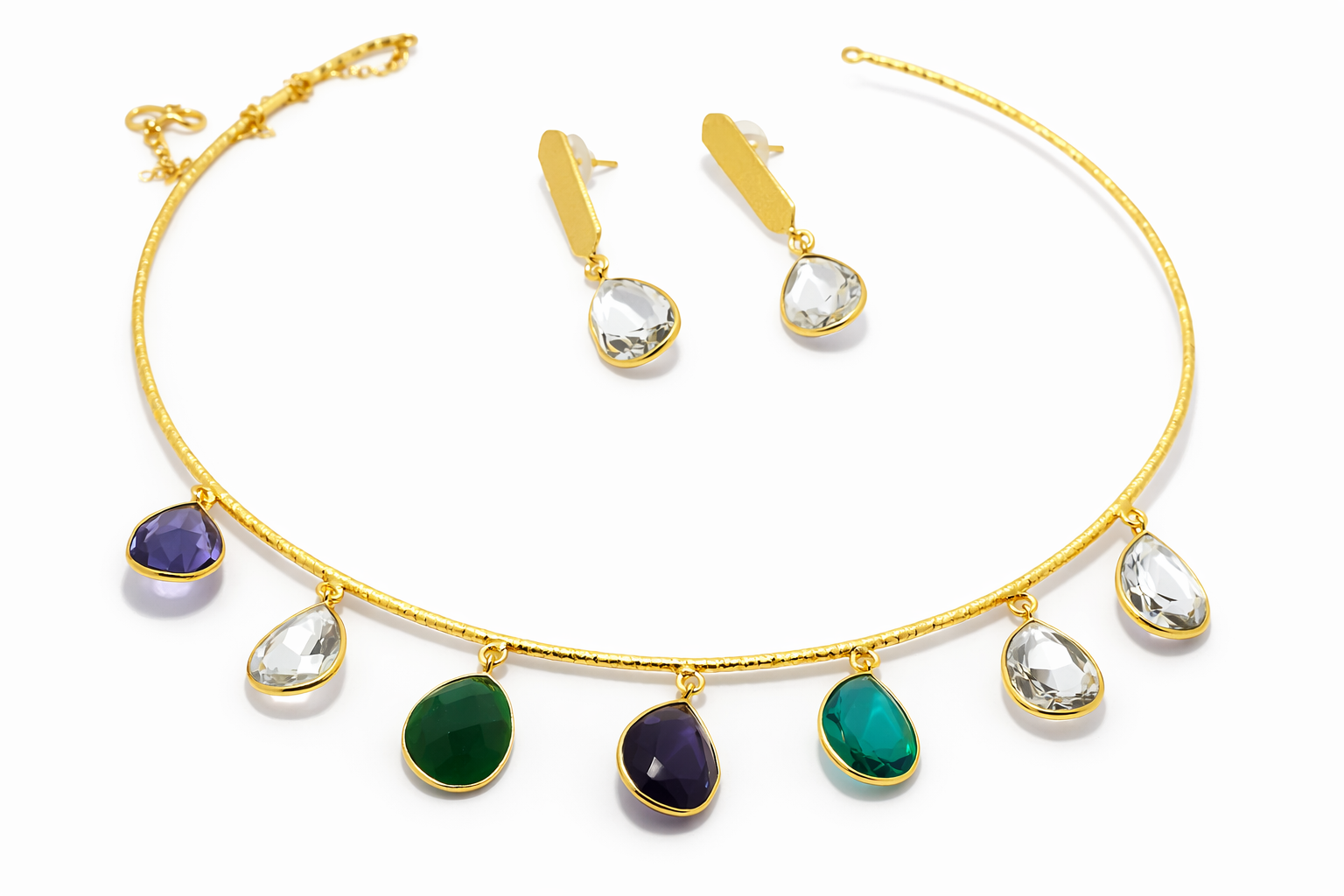 Emerald Drop Brass Necklace Set