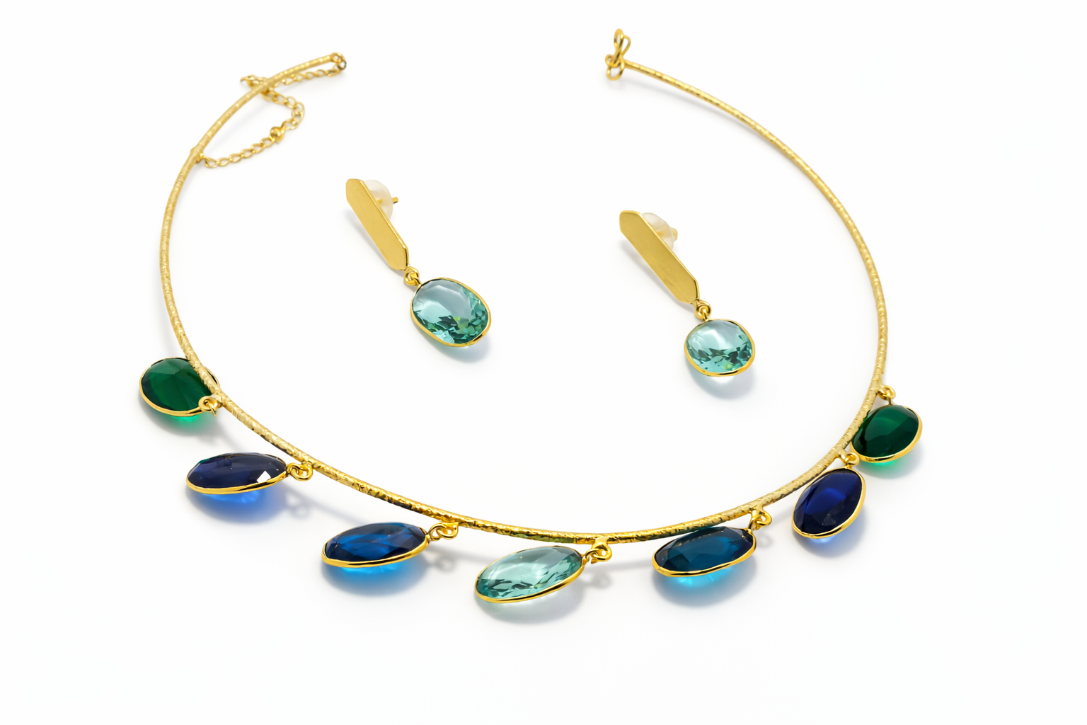 Emerald Drop Brass Necklace Set