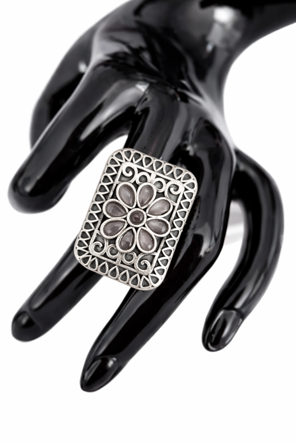 Emerald Floral Oxidised Statement Ring
