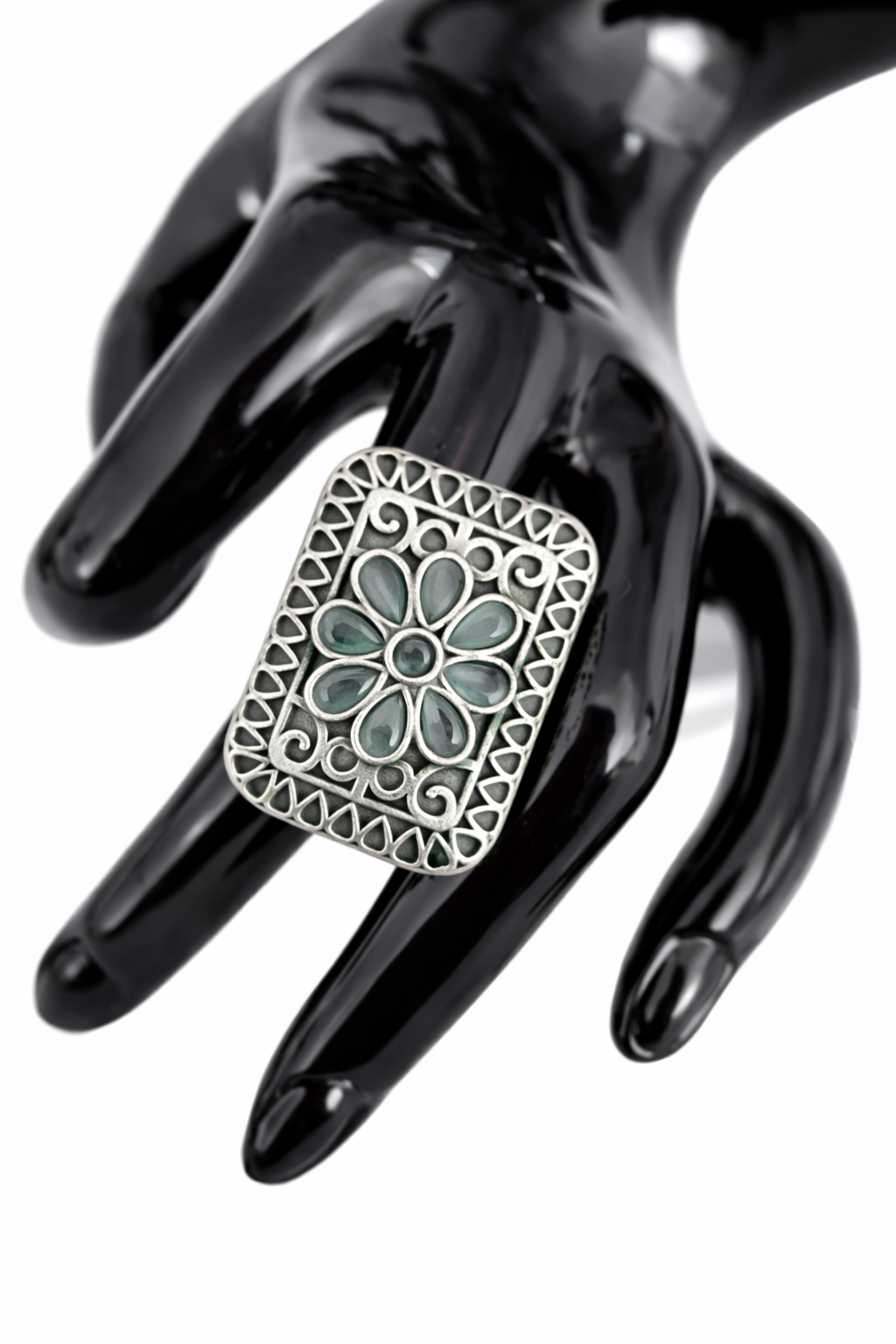 Emerald Floral Oxidised Statement Ring
