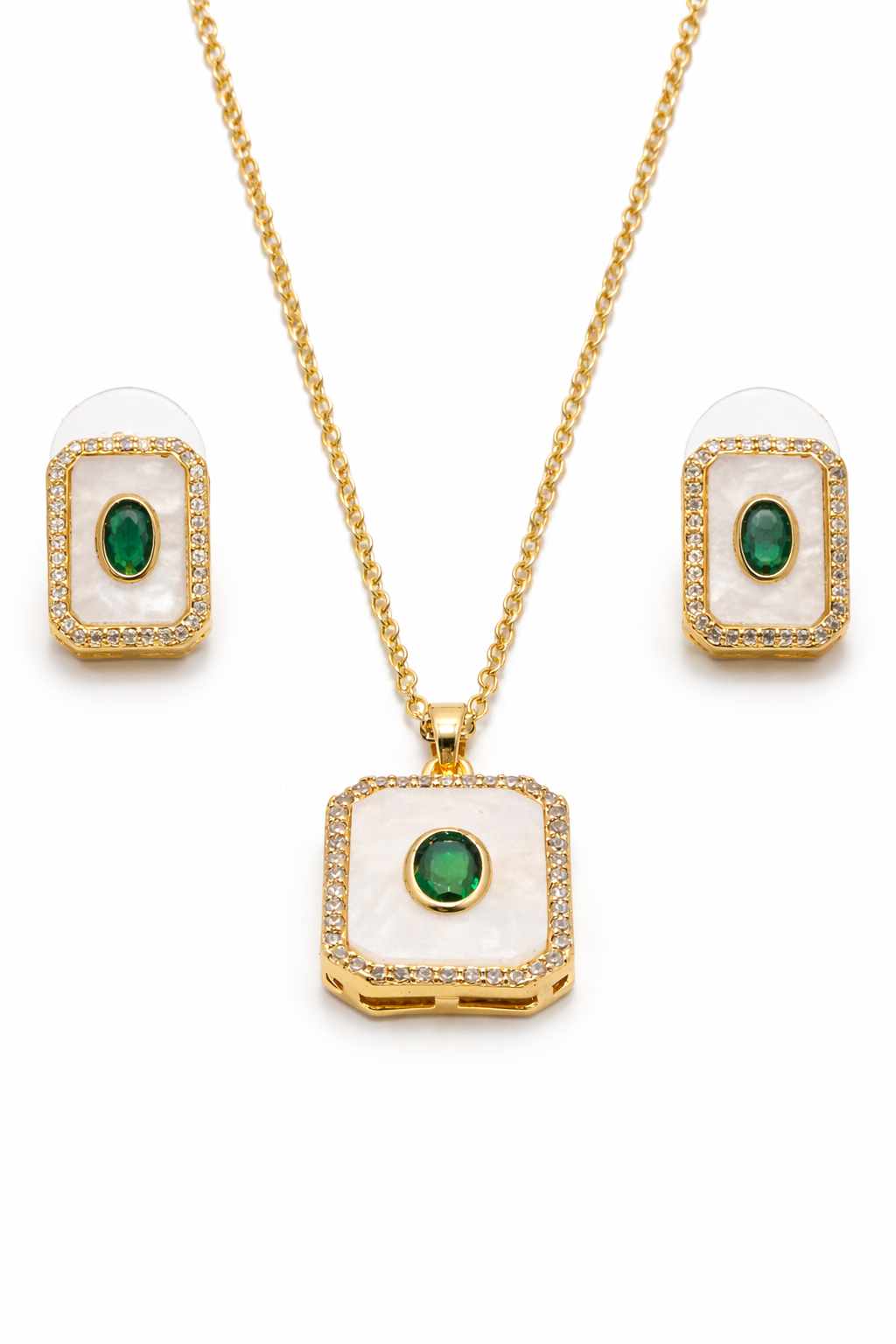 Mother of Pearl Pendant Set with Emerald Green Stone - Front View