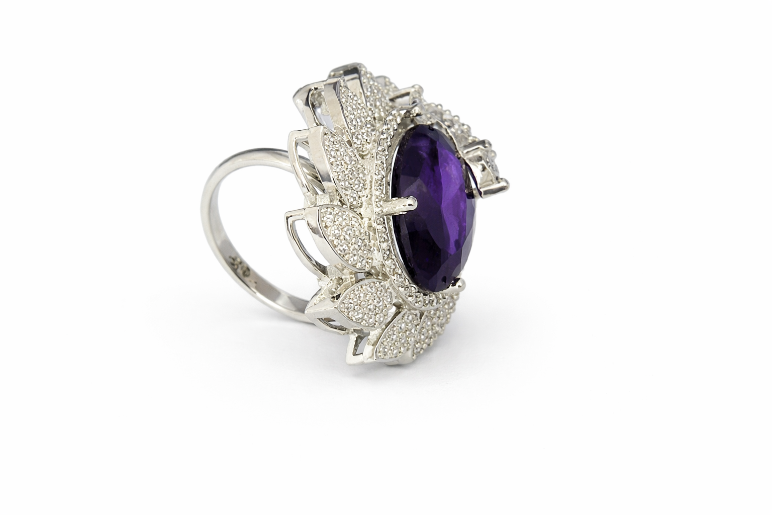 AD Cocktail Ring with Purple CZ Stone - Side View 1