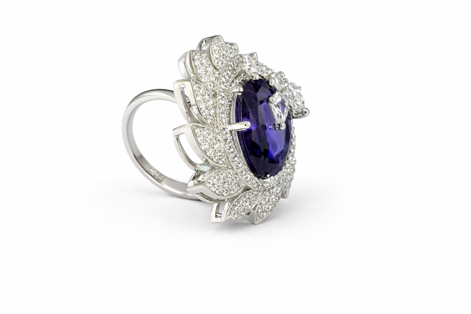 AD Cocktail Ring with Purple CZ Stone - Side View 2
