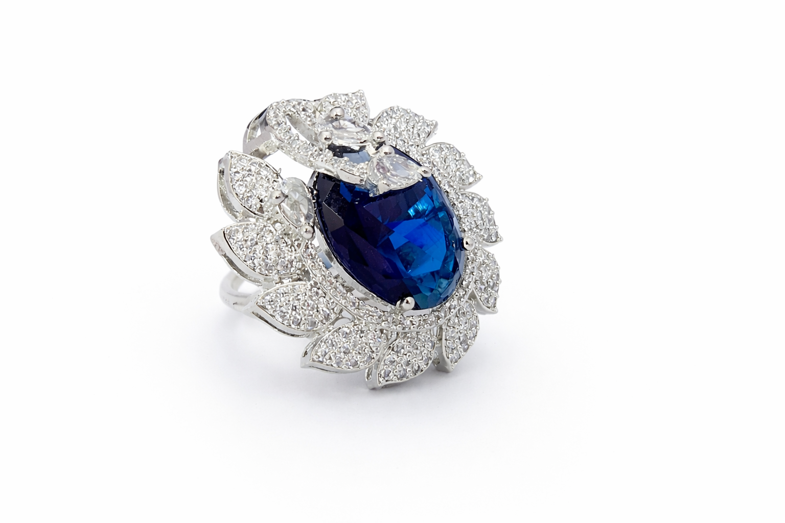 AD Cocktail Ring with Purple CZ Stone - Petal Leaf Design