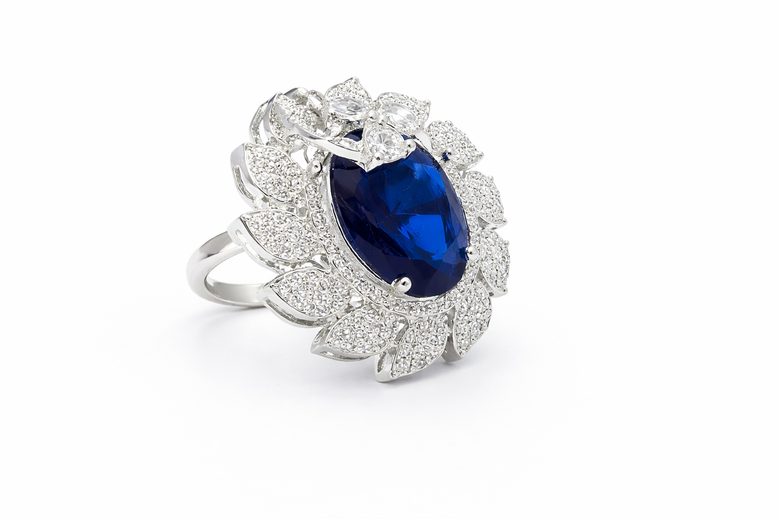 AD Cocktail Ring with Purple CZ Stone - Petal Leaf Design
