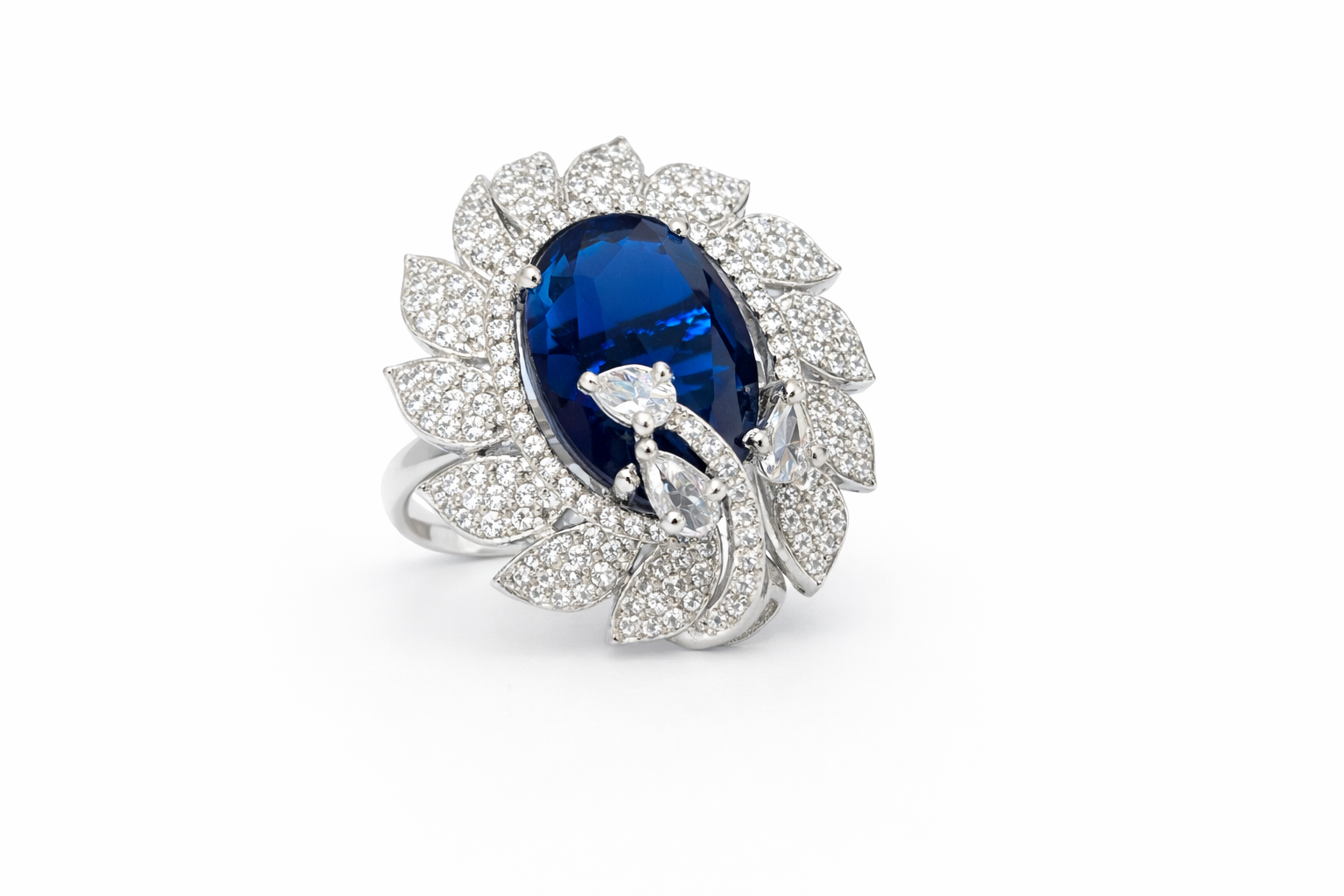 AD Cocktail Ring with Purple CZ Stone - Petal Leaf Design