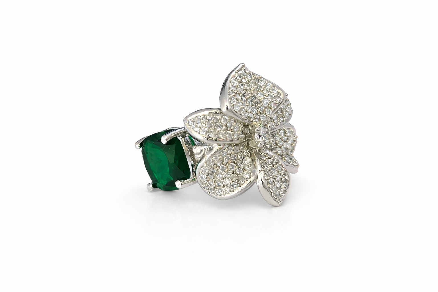 AD Cocktail Ring with Emerald Green Stone and CZ Flower - Side View 1