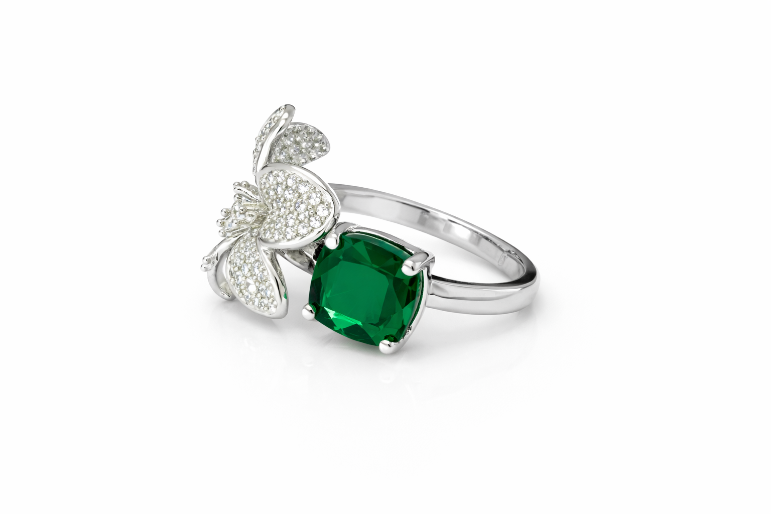 AD Cocktail Ring with Emerald Green Stone and CZ Flower - Front View