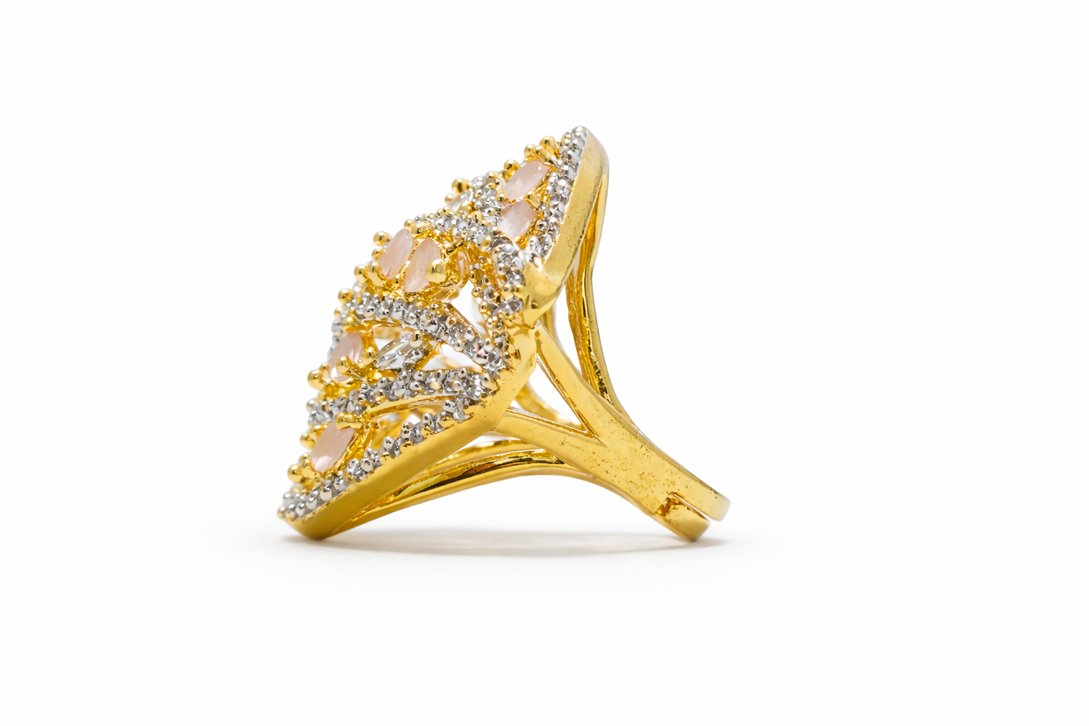 AD Cocktail Ring with Blush Pink CZ Stones - Side View