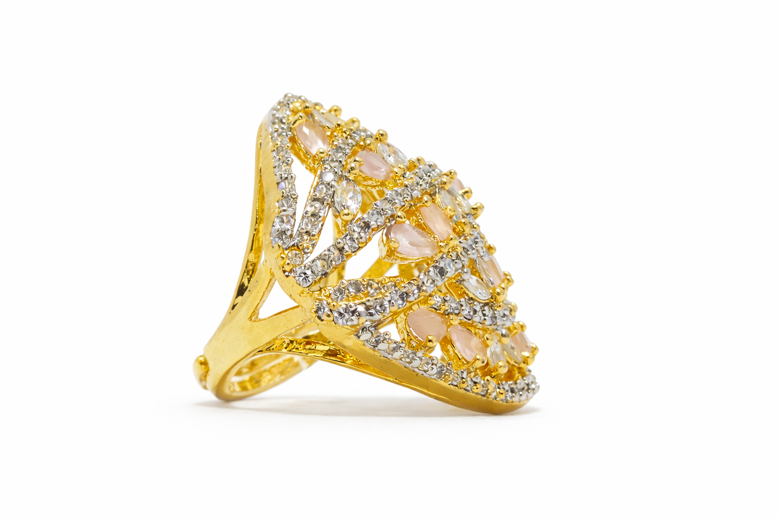 AD Cocktail Ring with Blush Pink CZ Stones Marquise Lattice - Side View