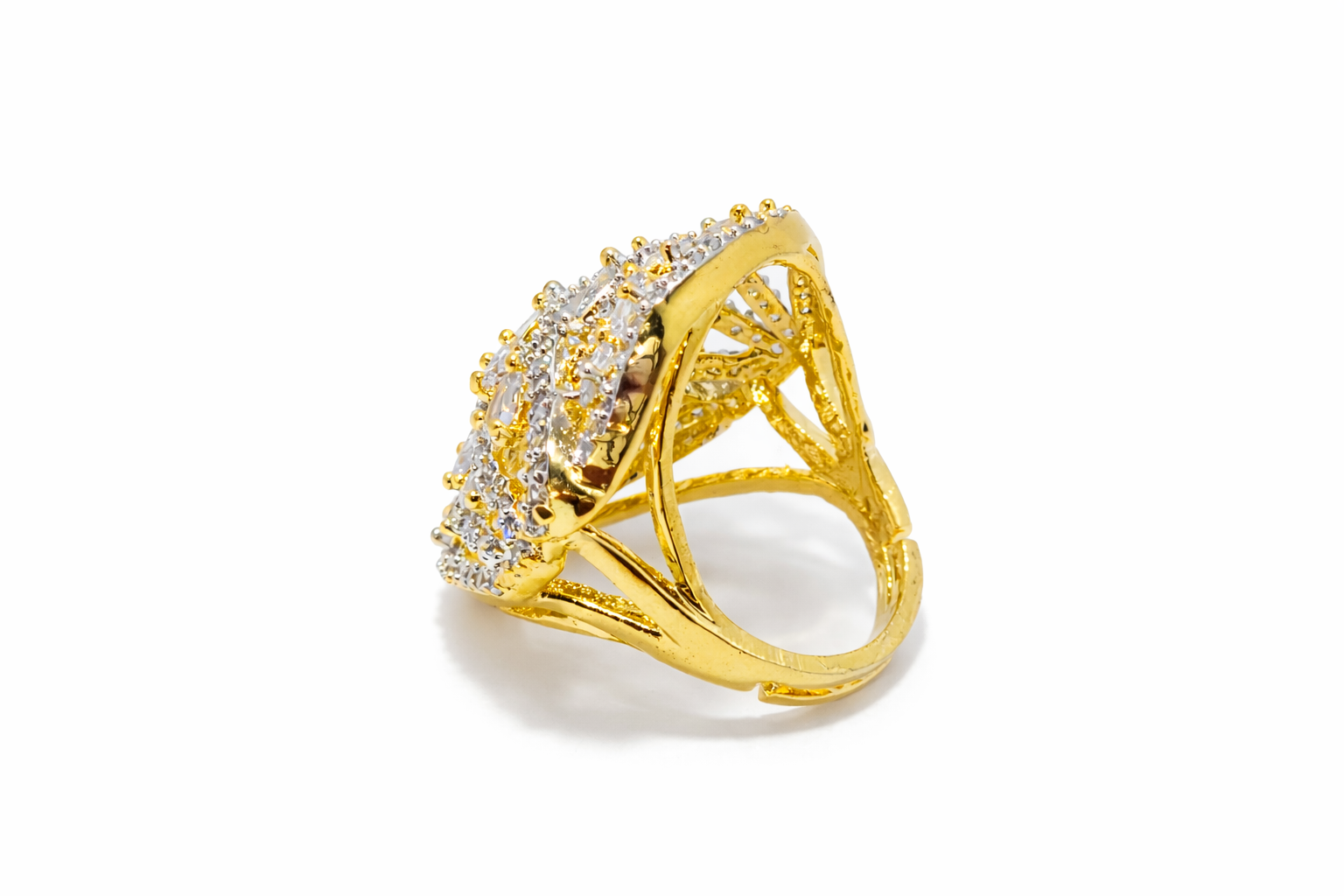 AD Cocktail Ring Full White CZ Cluster with Gold Filigree Band - Side View