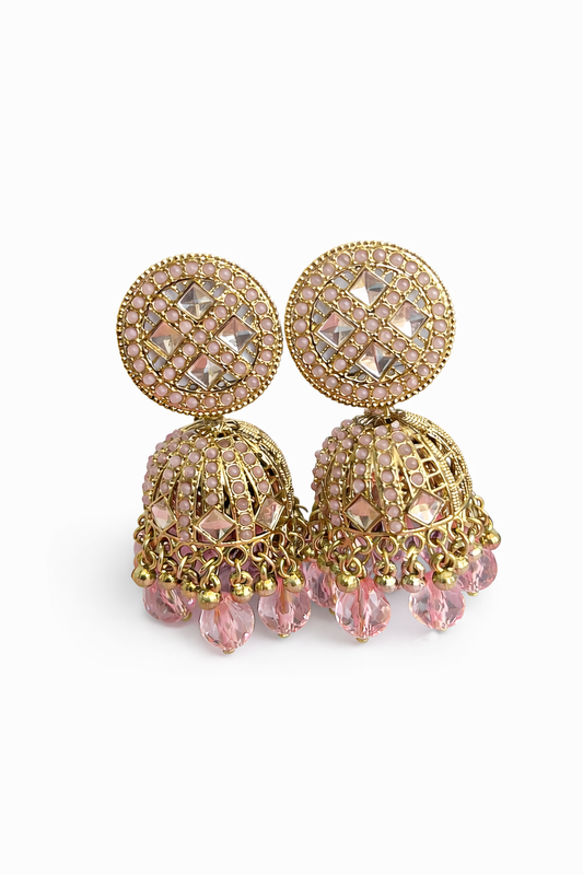 Crystal Lattice Jhumka Earrings with Faceted Drops - Gold-Tone