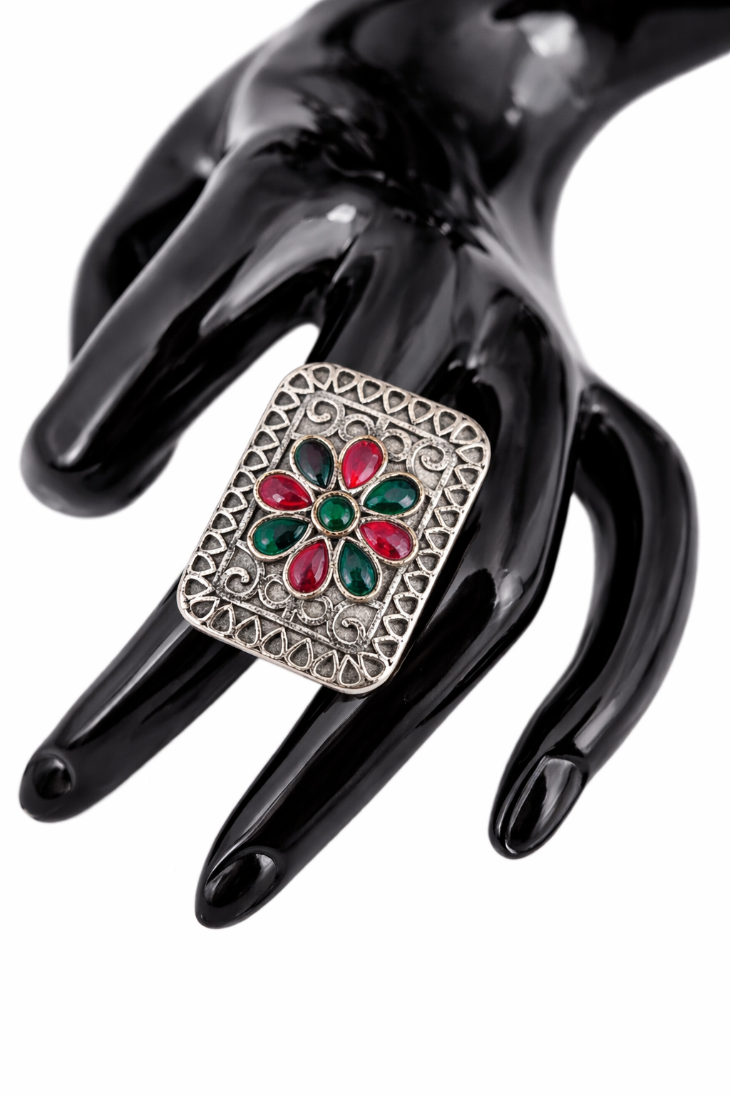 Emerald Floral Oxidised Statement Ring