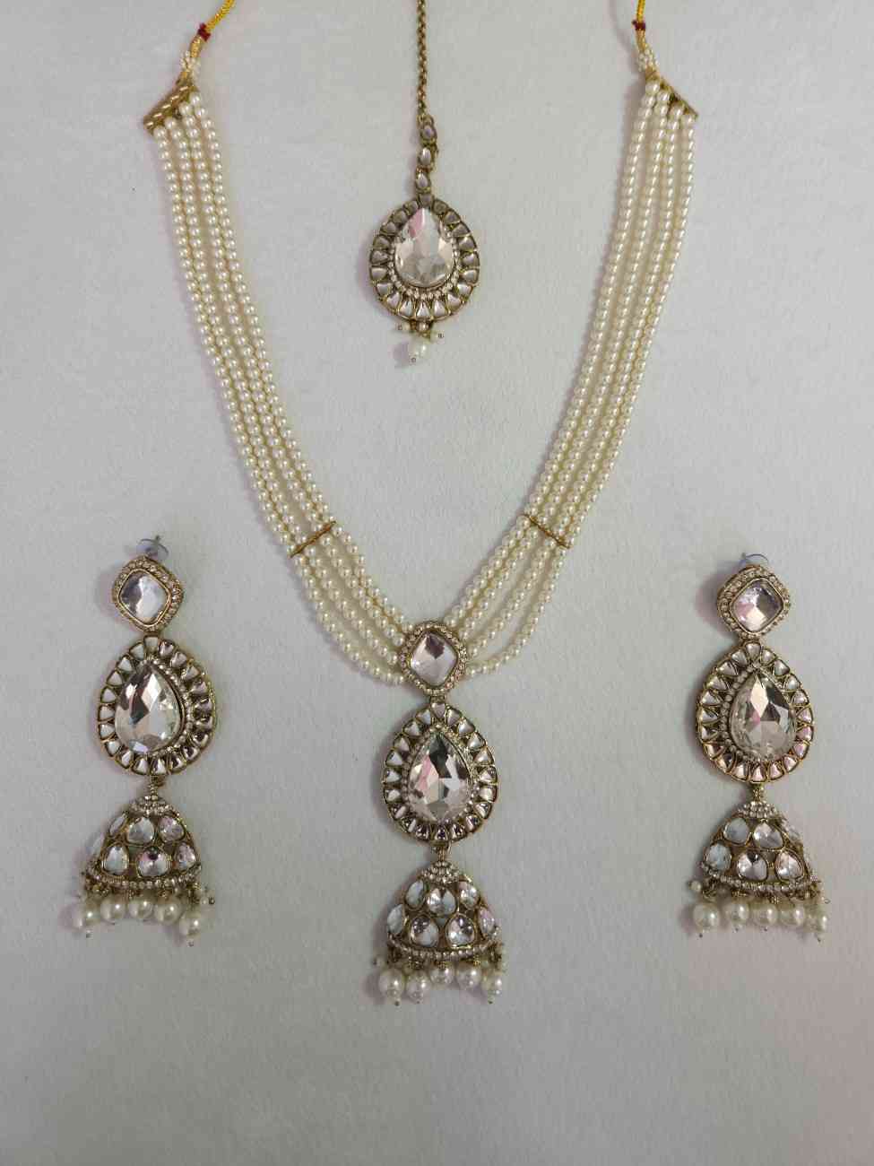 Pearl Kundan Necklace Set with Jhumka Earrings & Maang Tikka