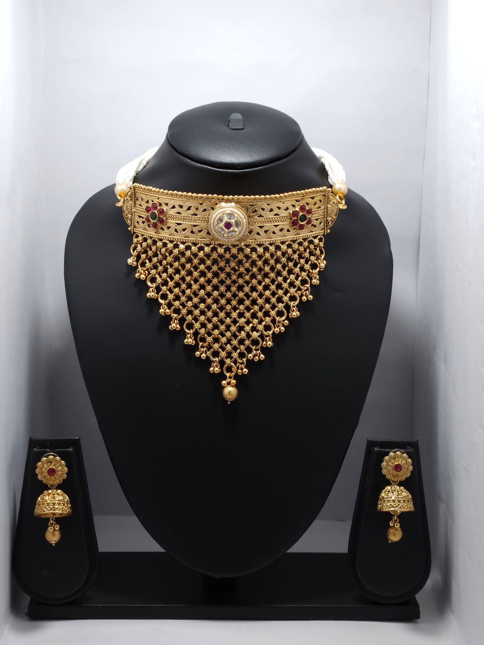 Royal Temple Choker Necklace Set – Gold-Tone Bridal Statement Jewelry Set