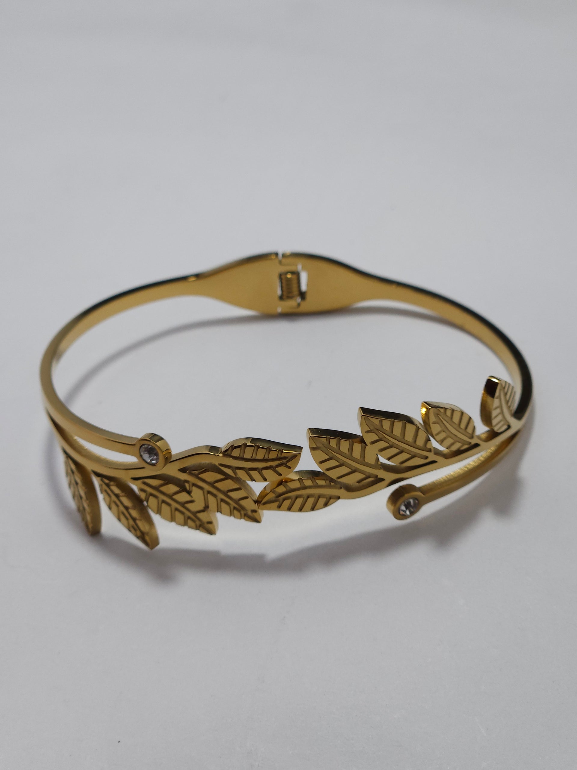 Leaf Design Gold-Tone Open Cuff Bracelet – Crystal Accent Bangle