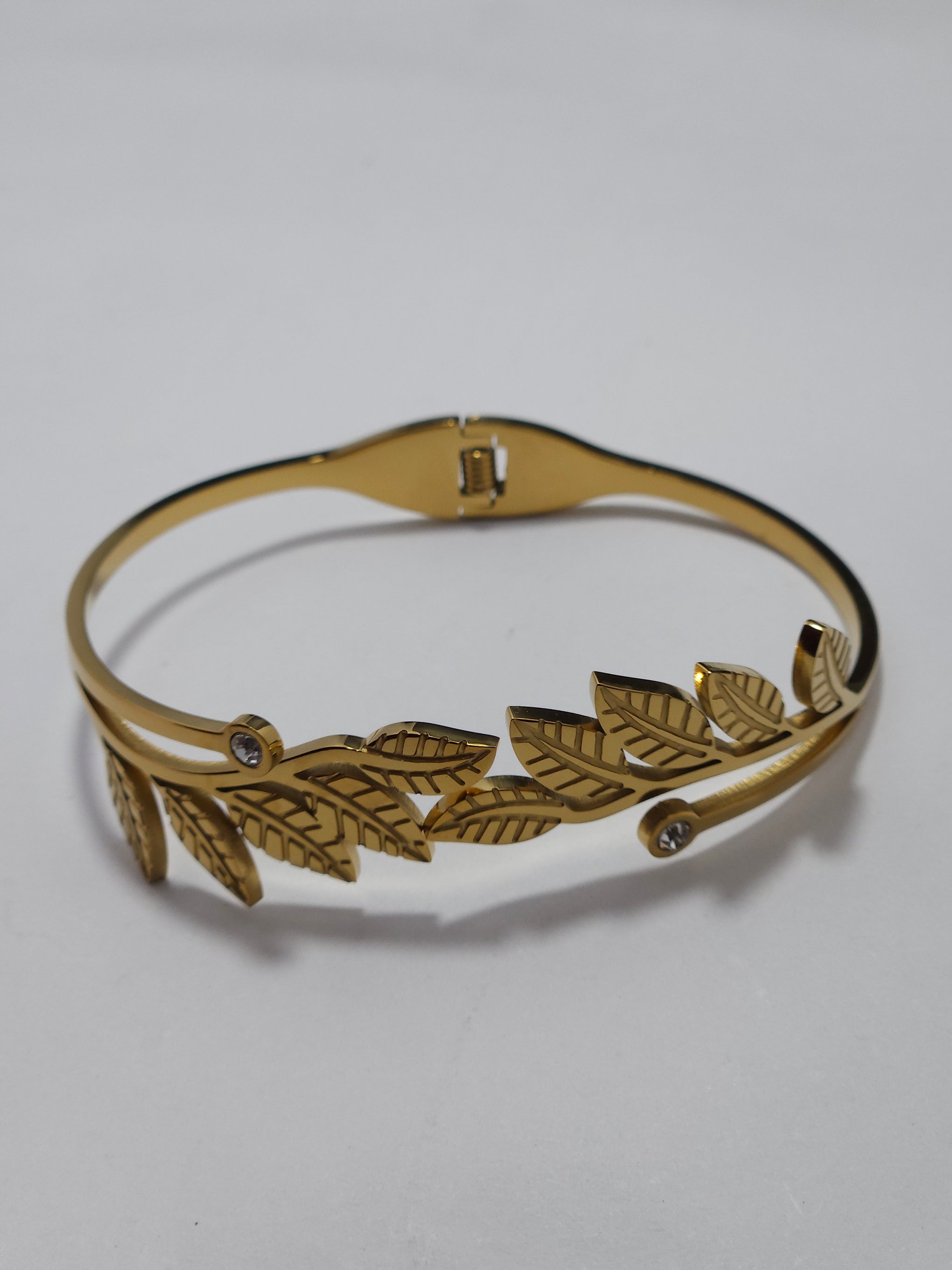 Leaf Design Gold-Tone Open Cuff Bracelet – Crystal Accent Bangle