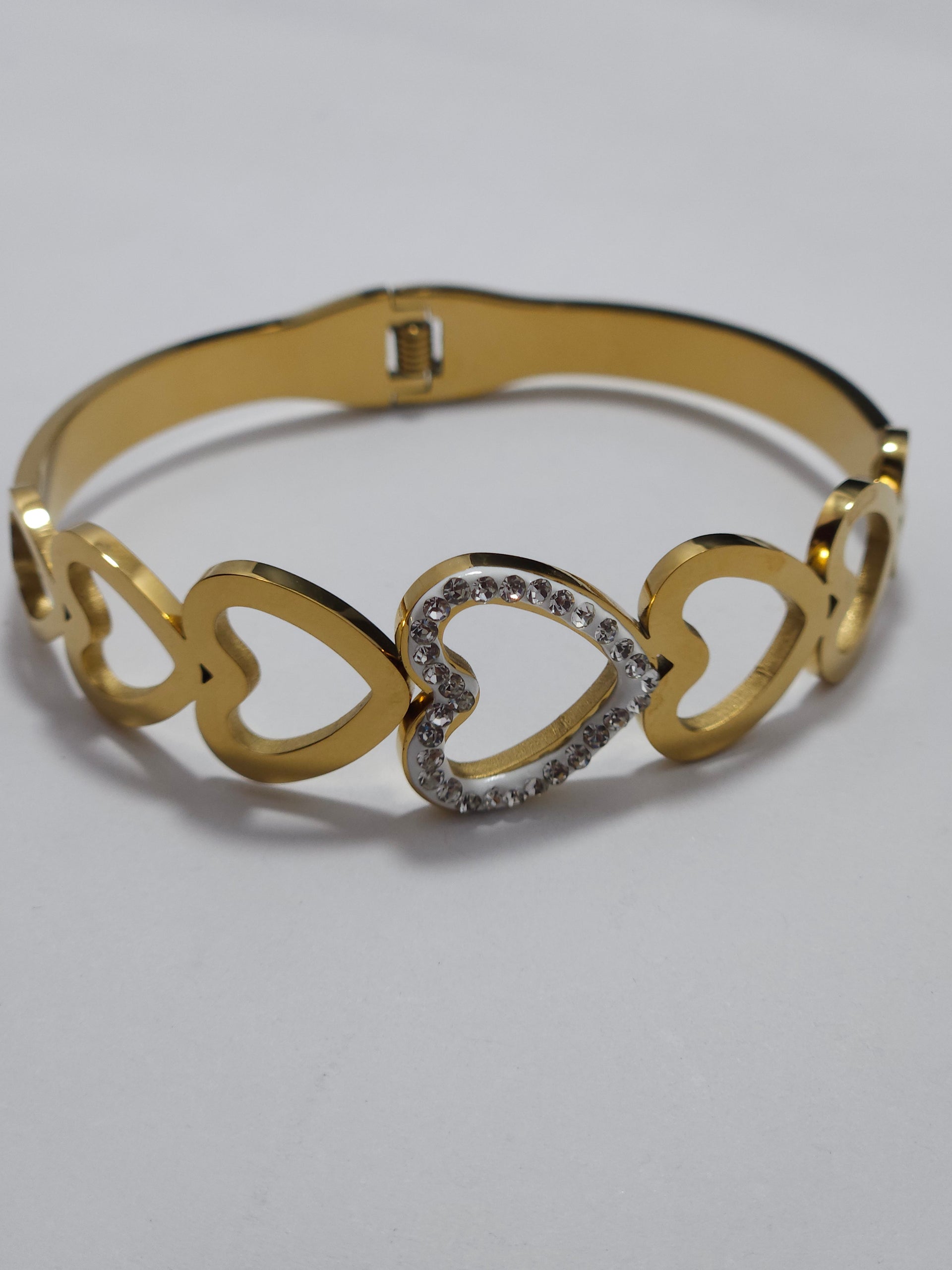 Crystal Heart Gold-Tone Open Cuff Bracelet – Romantic Charm Bangle