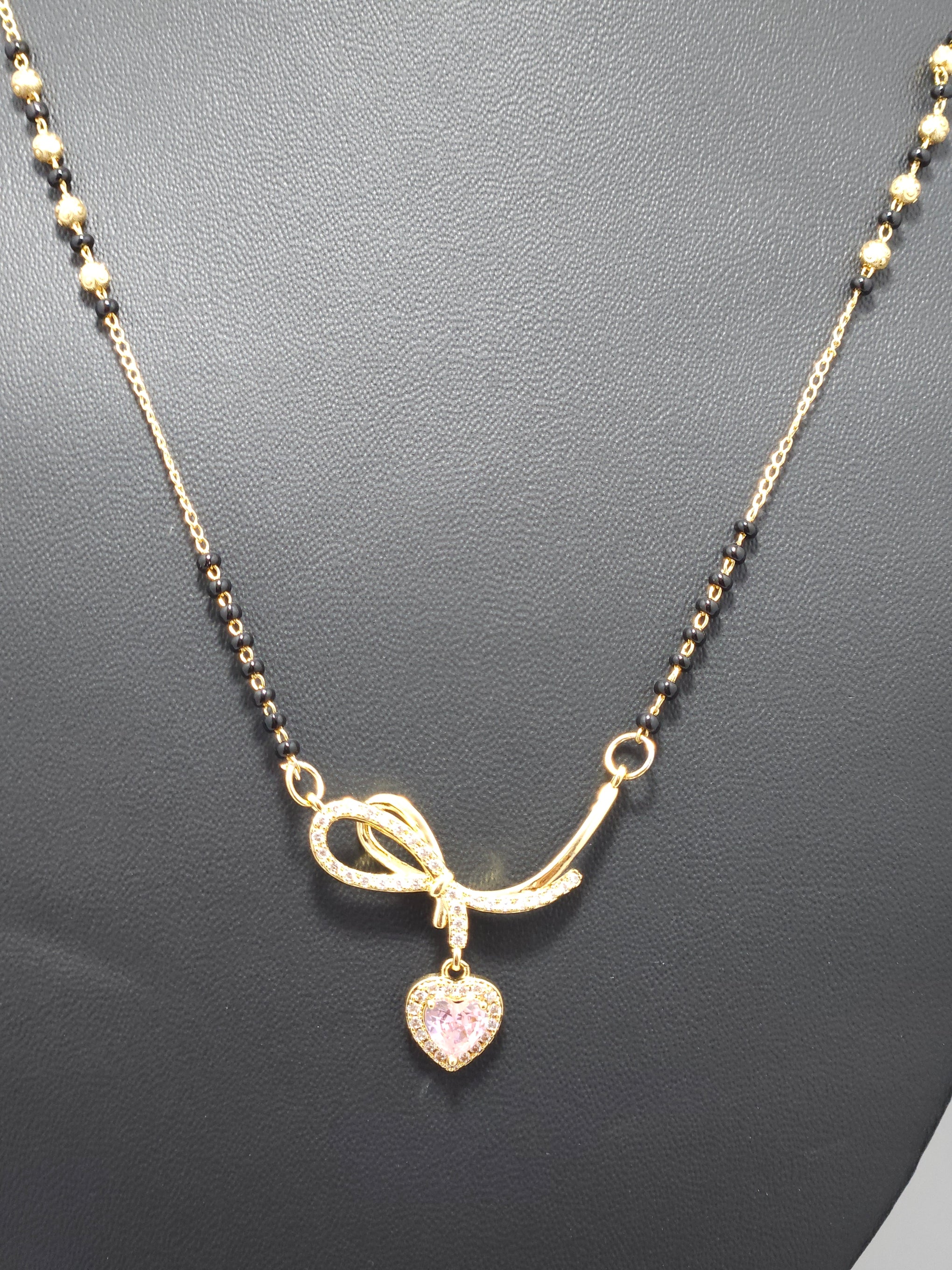Pink Heart Crystal Mangalsutra – Gold-Tone Designer Black Bead Necklace