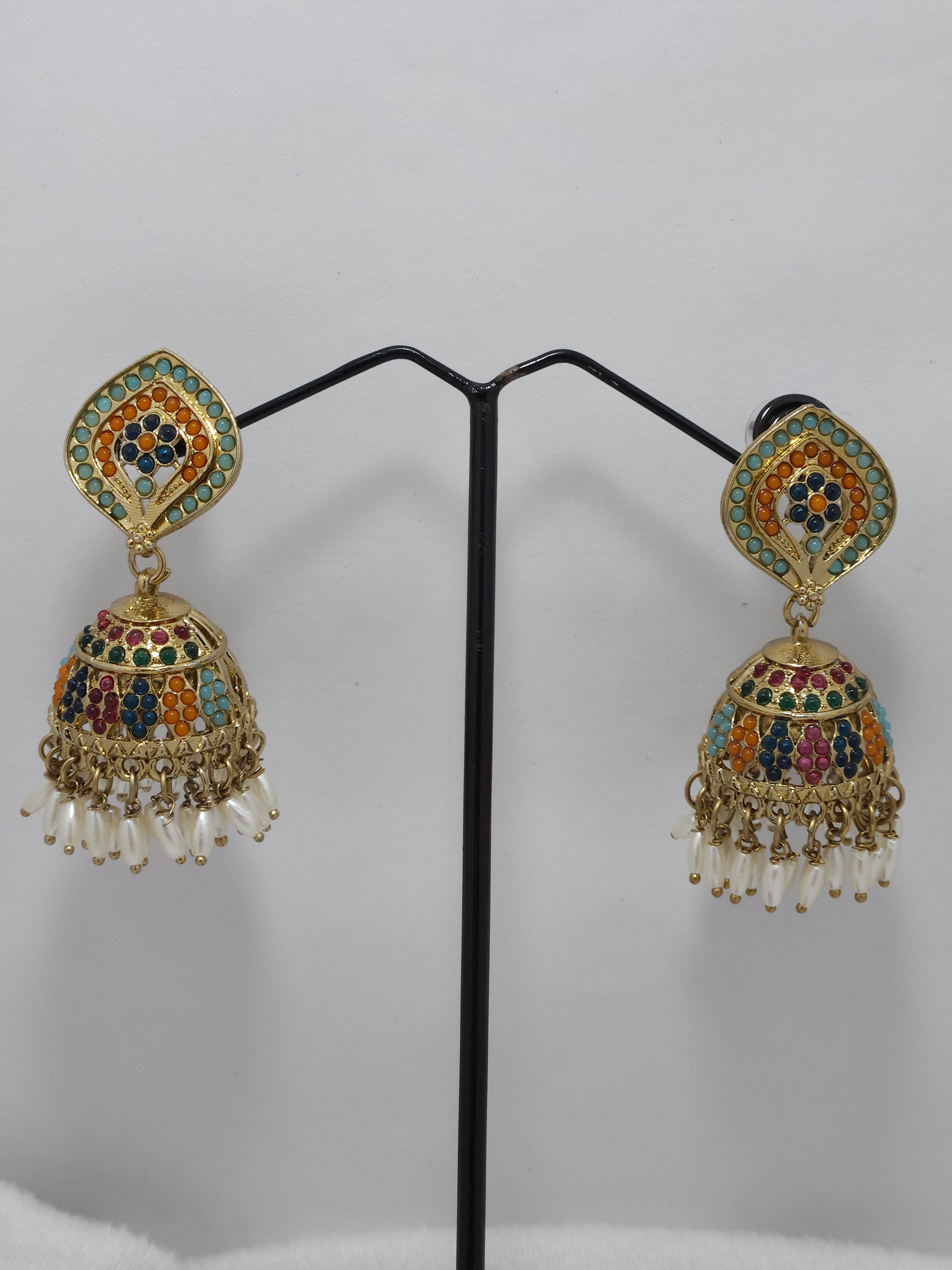 Multicolor Meenakari Jhumka Earrings with Pearl Drops