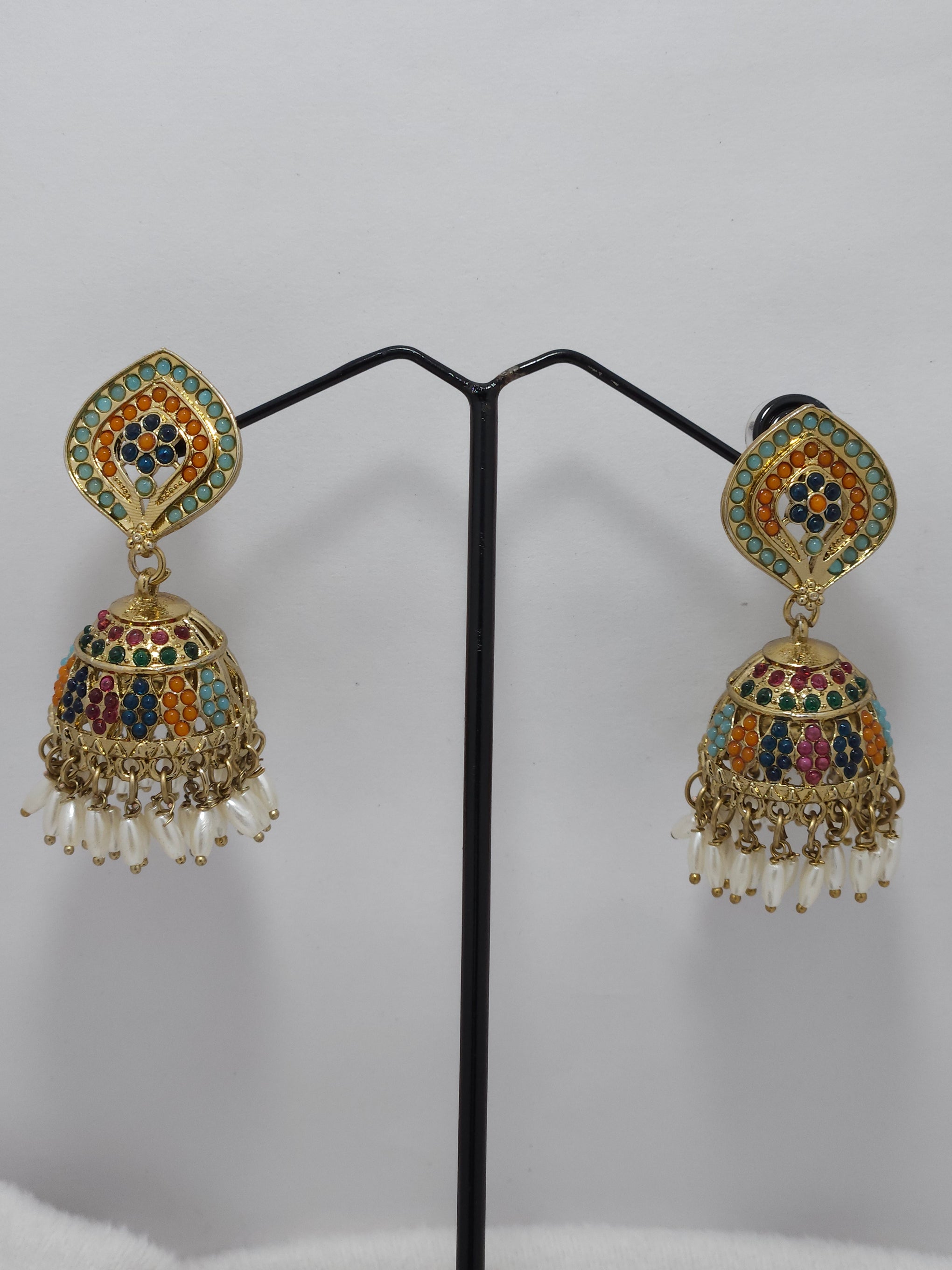Multicolor Meenakari Jhumka Earrings with Pearl Drops