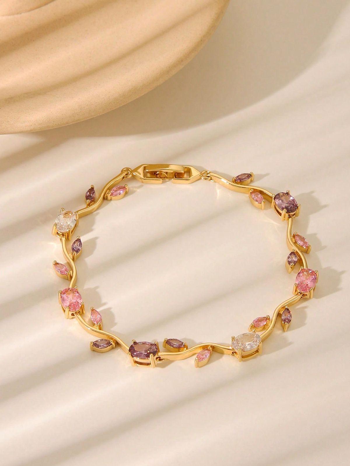 Pastel Crystal Vine Bracelet – Gold-Tone Floral Charm Bracelet
