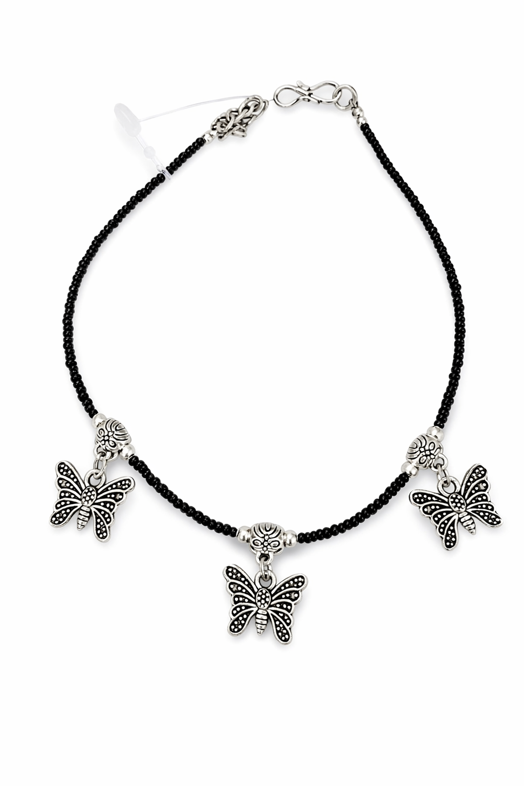 Black Beaded Butterfly Charm Anklet (Payal) – Oxidised Silver Finish